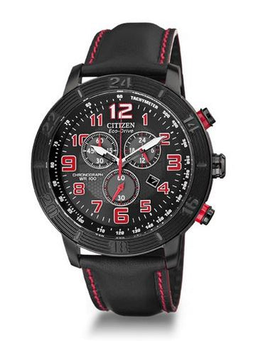 Eco-drive para Caballero Bisel fijo, caja y malla de cuero con detalles en rojo